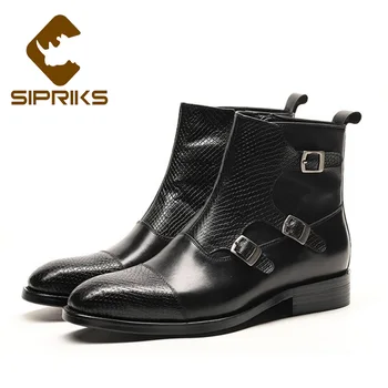 

Sipriks Mens Genuine Leather Three Monk Straps Zipper Boots For Men Classic Cowboy Church Boots Patina Brown Oxfords Dress Shoes