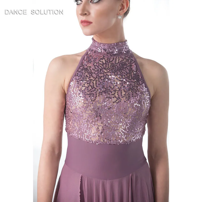 Горячая распродажа женский балетный костюм для выступлений фиолетовые кружева с пайетками лирическое и современное платье 18015A