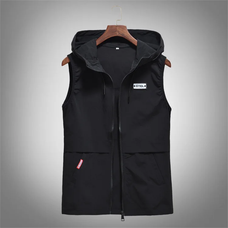 

2019 New Arrival Trendy Men'S Summer Autumn Thin Casual Vest Slim Sleeveless Hooded Zipper Vest Fashion Black Waistcoat D258