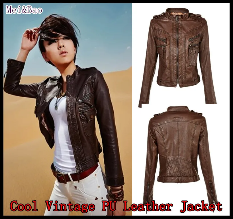 Spring PU Leather jacket Women Black pink wine red Short