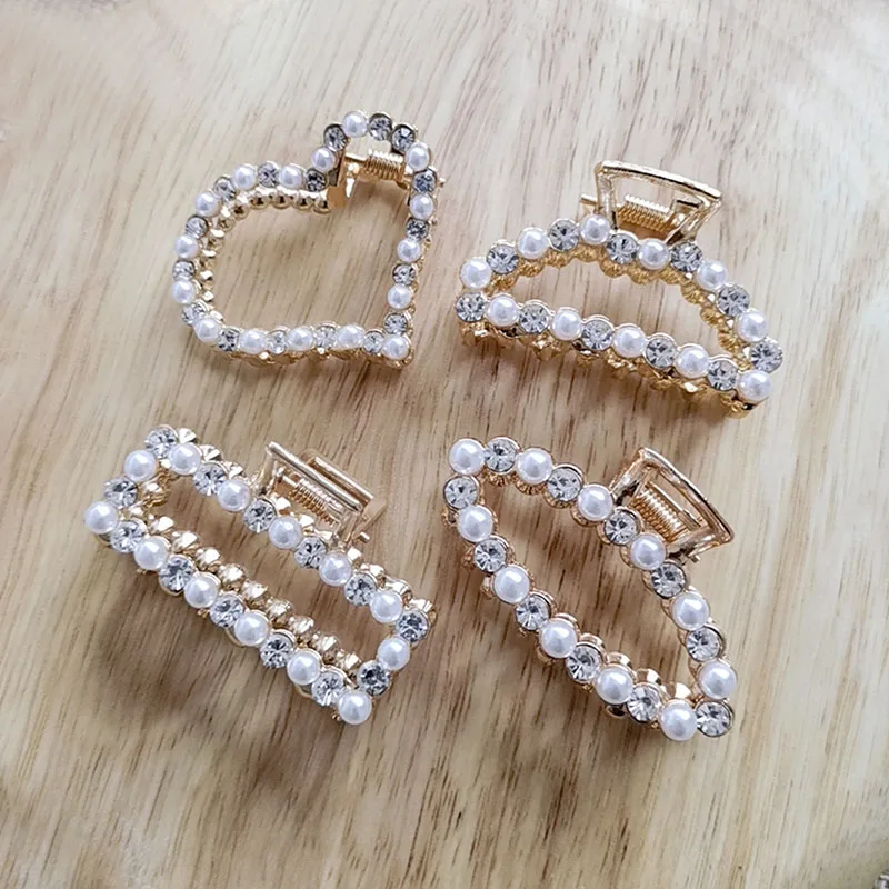 

5cm Small Pearl Rhinestone Heart Hiar Claws Adult Headwear Geometric Hair Clips For Girls Hair Accessories For Women