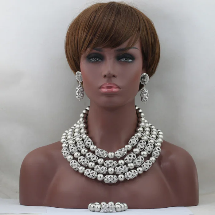 2016 Silver Nigerian Wedding African Beads Jewelry Set Women African Costume Jewelry Set Accessory for Party