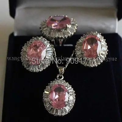 

N3551 XDR5500 Free Shipping>>>>Pink Rose Crystal Link Earrings/Ring/ Necklace Pendant Set AAA