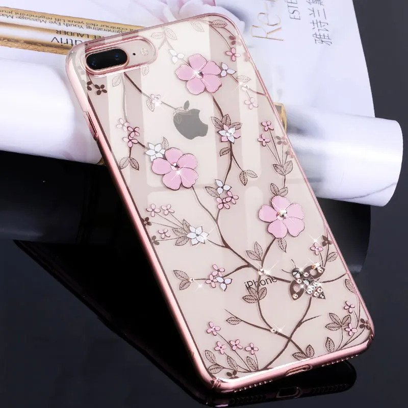 

For iPhone 7 8 Plus X XS Case Flower Diamond Bling Thin Luxury For Women Clear Phone Cover Crystals Hard Back Shell Kingxbar