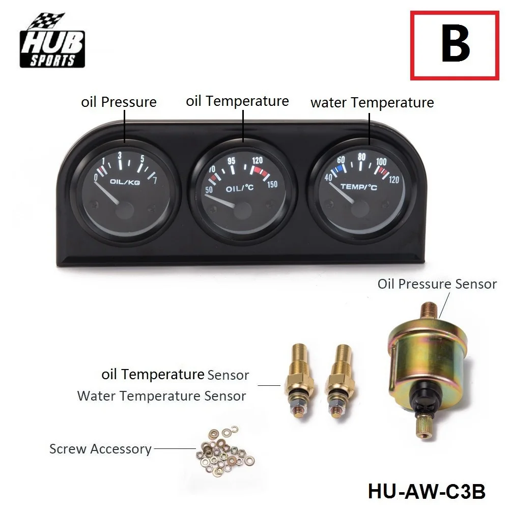 52 мм 3 в 1 Автомобильный измеритель точности, температура воды, давление масла, Масляный Пресс или вольт датчик с датчиком HU-AW-C3 - Цвет: AW C3 B