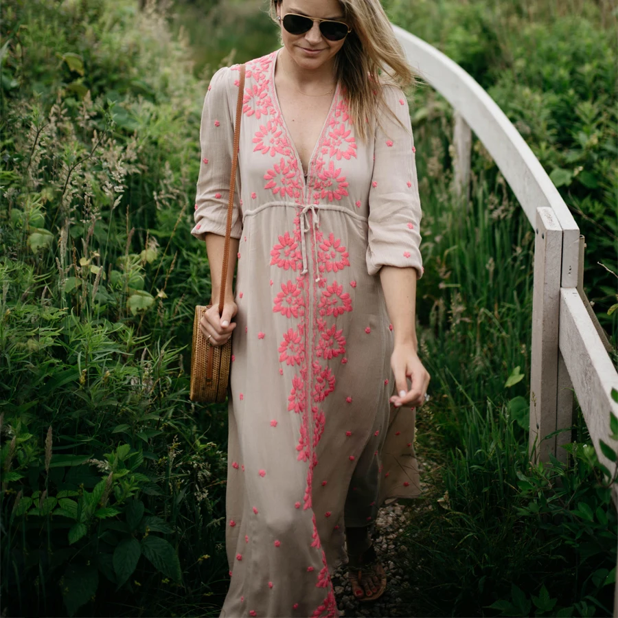 Boho длинное платье 2017 осень винтажное вискозное цветочное вышитое с v образным