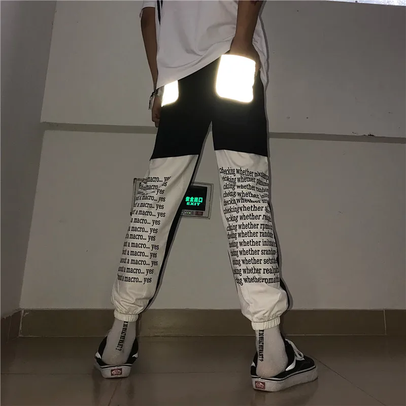

Korean Streetwear Women/Men Hiphop Harem Reflective Pocket Letter Print Punk Jogger Pant Elastic Waist Trouser Harajuku