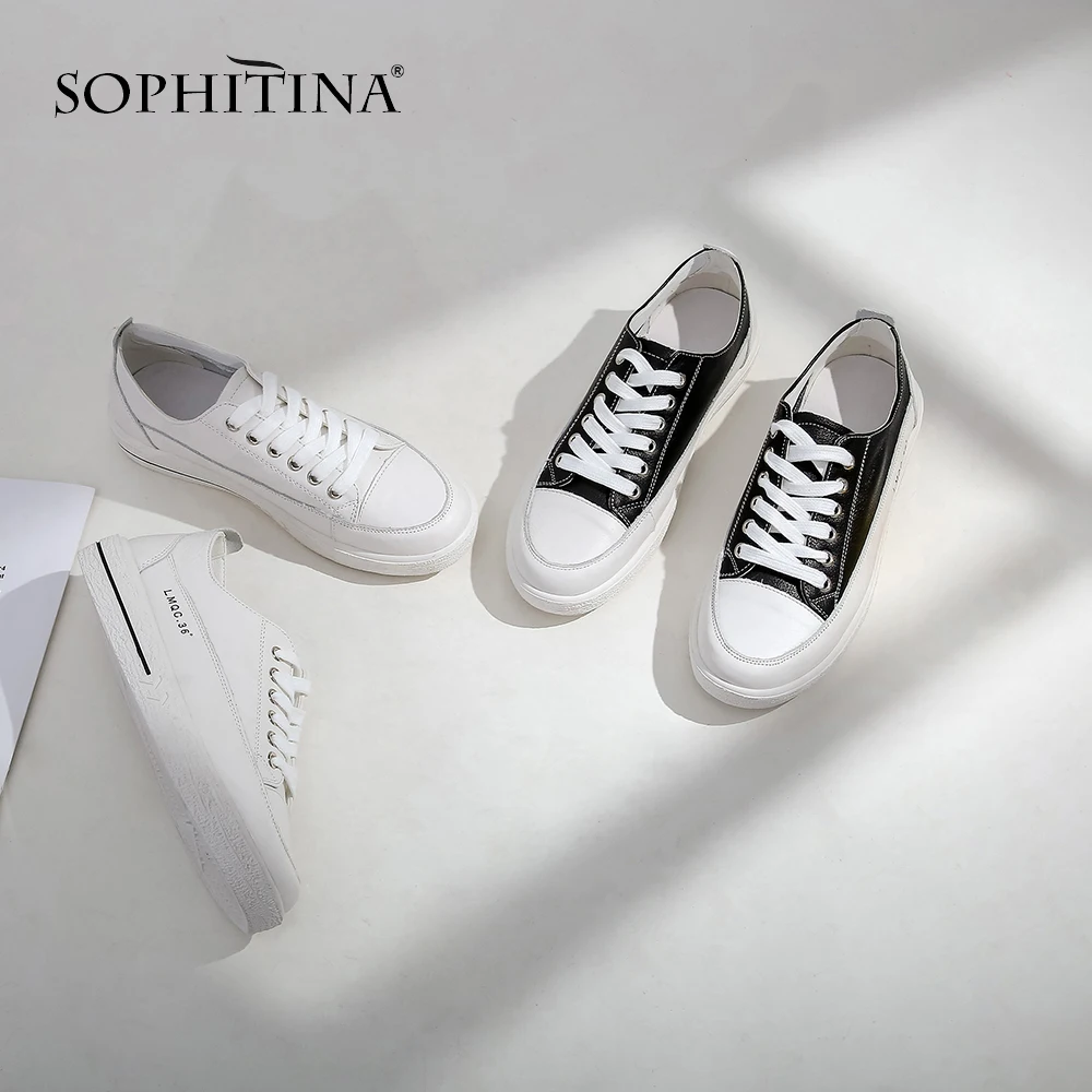 

SOPHITINA 2019New Arrival Shallow Casual Genuine Leather Concise Flat Platform Shoes Round Toe Lace-up Fashion Sewing Shoes PO40