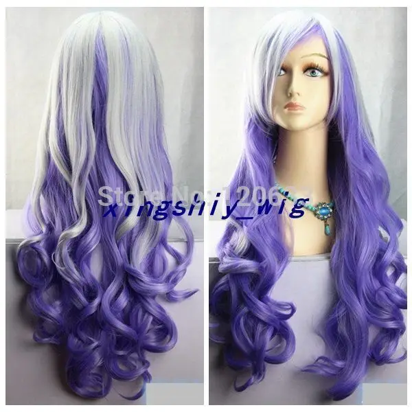 

peruvian Long Curly Hair Wig Mixed Purple Wig Sexy Woman Kanekalon Fiber Hair wigs