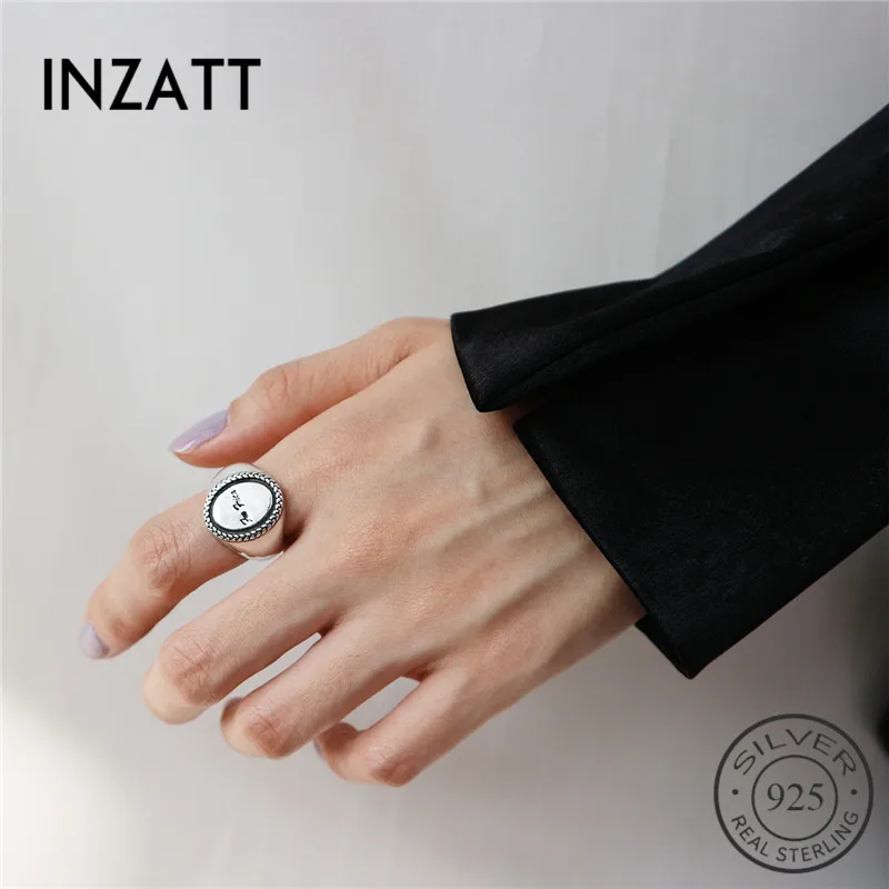 INZATT, настоящее 925 пробы, серебряное, винтажное, минималистичное, круглый диск, с буквами, регулируемое кольцо, хорошее ювелирное изделие для модных женщин, вечерние, подарок