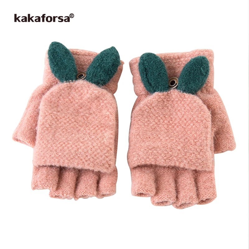 Kakaforsa Winter Knitted Kawaii Gloves Women Ladies Cute Rabbit Ear Solid Mittens Fashion Girls