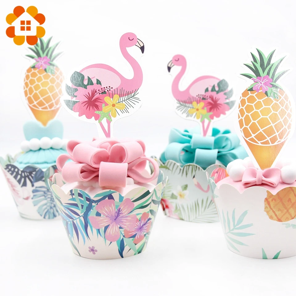 

24pcs/lot Flamingo DIY Party Cake Topper Wedding Happy Birthday Decorations Adult Kids Two Sided Printing Cupcake Paper Supplies