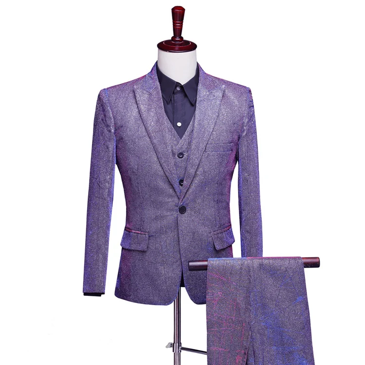 gray blue purple Блестящий фиолетовый костюм на одной пуговице для мужчин, вечерние смокинги, костюм из 3 предметов(пиджак+ брюки+ жилет), костюмы для певицы - Цвет: gray blue purple