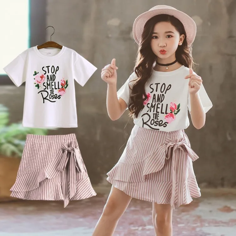 2019 Summer Children Clothing Set For Teenage Girls Fashion Letter Flower Tshirt Ruffles Skirt 2Pcs Kids Clothes Suit 10 12 Year (7)