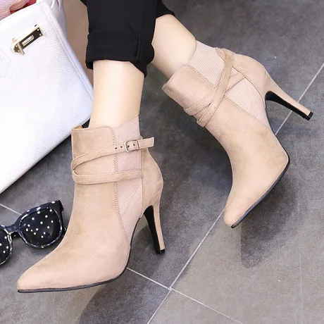 

2018 autumn and winter new boots European and American pointed stiletto buckle high-heeled suede Martin boots women's boots.
