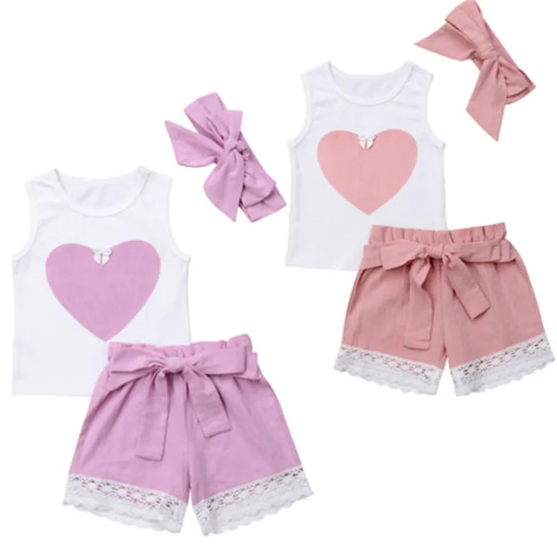 

arrival Cute Stock Newborn Baby Girls Clothes Sleeveless Sweet Heart Print T-shirt Tops Floral Lace Shorts Headband Outfit Set