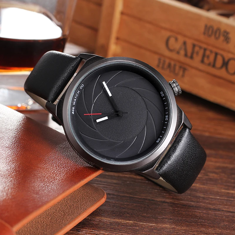

BGG Luxury Brand Casual Mens Watches Creative Black leather Quartz Watch Men male camera dial Wristwatch Business clock Hours