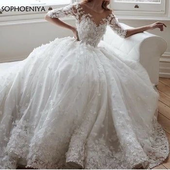 

New Arrival O Neck Ball gown wedding dresses 2020 Robe de mariee 3D Flower Appliques bride dress Sexy boho wedding dress