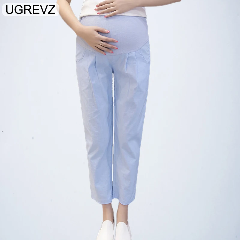 

Pengpious pregnant women trousers cotton and linen maternity breathable ankle-lenth belly pants solid color harem trousers m-2xl