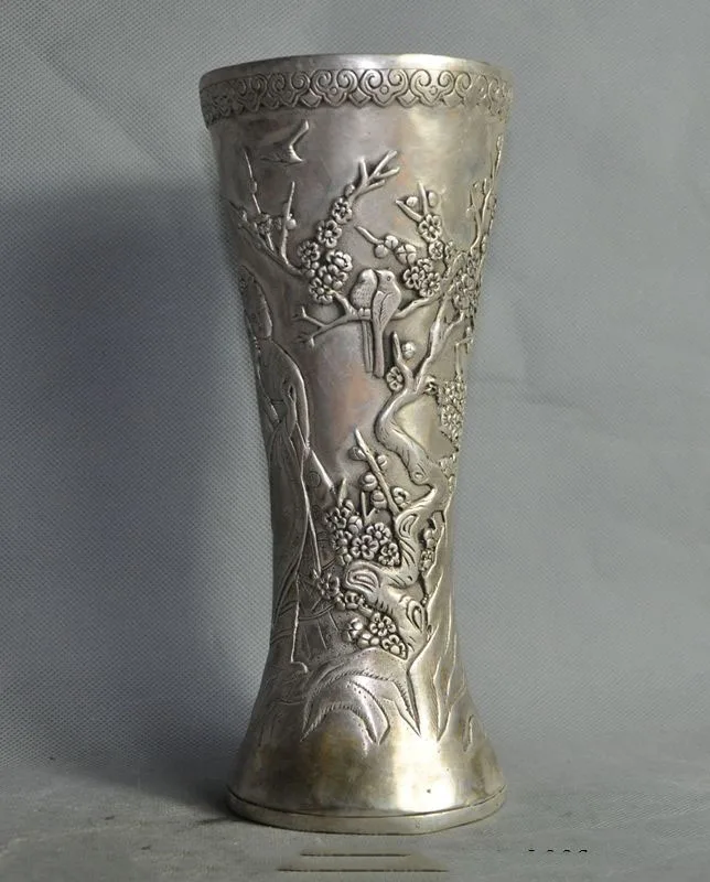 

Crafts statue Old China silver Tang Dynasty Beauty Belle girl Plum bird statue Bottle Pot Vase halloween