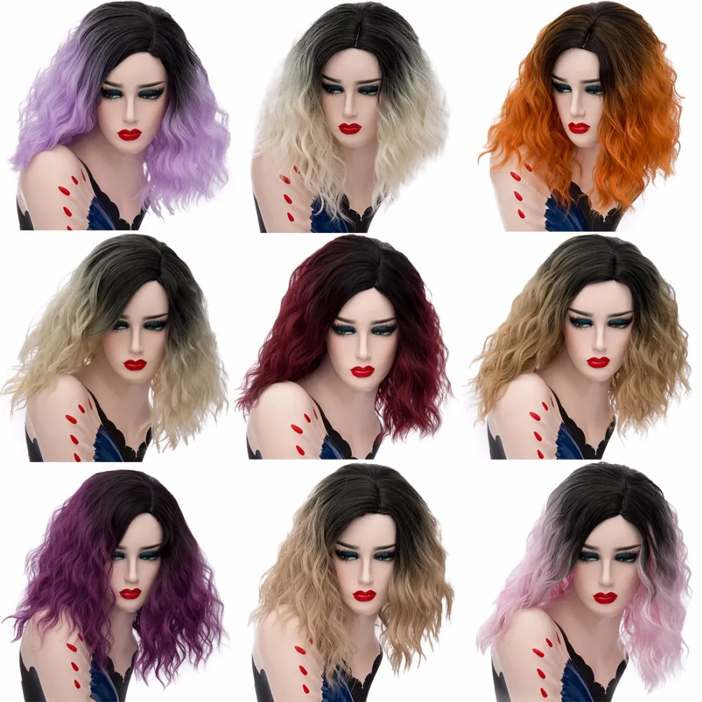 MSI Wigs 22 цвета розовый вьющиеся светлые короткие парики для женщин натуральный Оранжевый Ombre синтетический парик с темными корнями зеленый фиолетовый волос