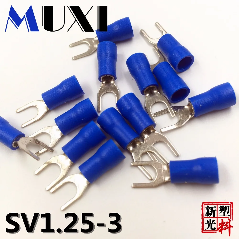 SV1.25-3 синий вильчатый терминалов провода Соединительный кабель изоляцией Клеммы подключения электрические рифлёная обжимной вывод 100 шт