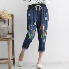 Эластичные штаны на завязках с мультипликационным принтом граффити; рваные летние джинсовые штаны до середины голени; шаровары размера плюс; джинсы
