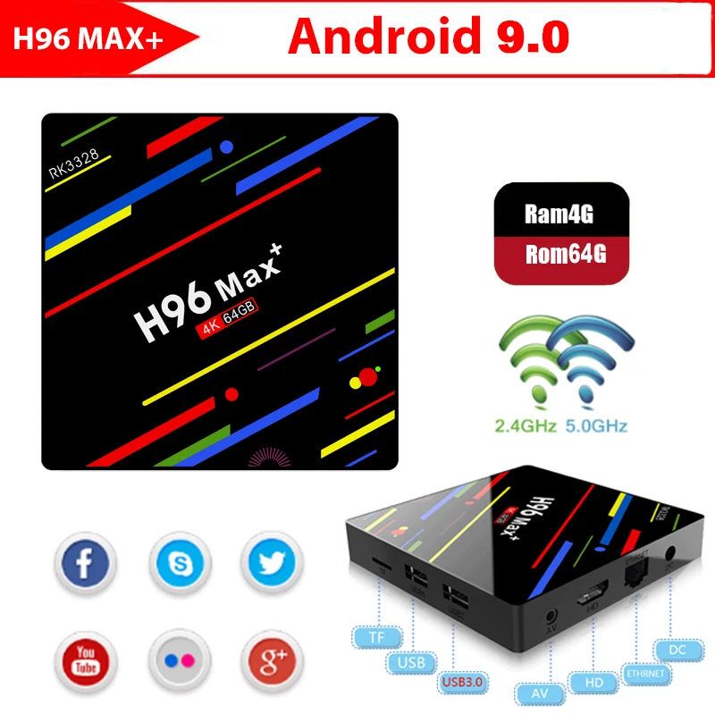 H96 ماكس زائد مربع التلفزيون الذكية الروبوت 9.0 OS 4 GB RAM 32/64 GB ROM RK3328 رباعية النواة 1080 p 4 K H.265 WiFi 2.4G/5G BT4.0 مجموعة أعلى مربع