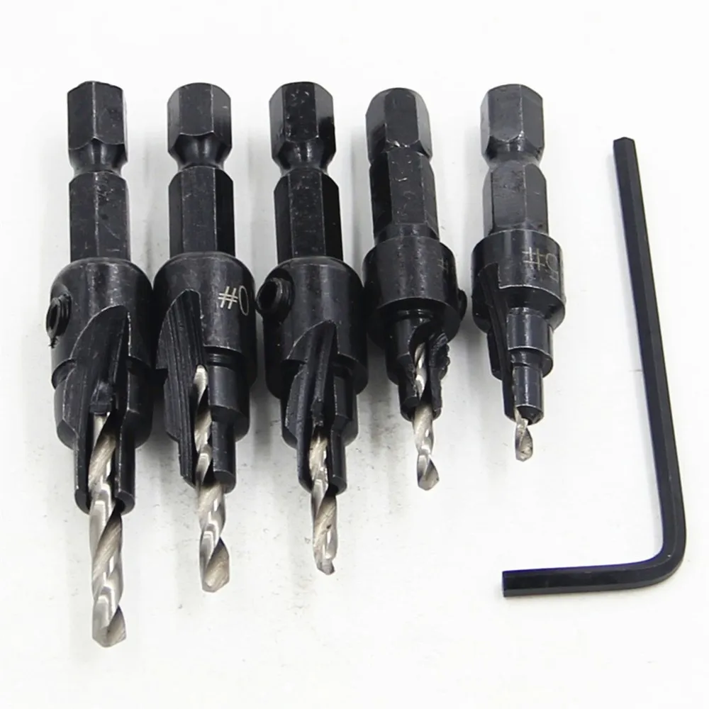 5pcs HSS 1/4 Hex Shank Countersunk Drill Bits Tapper Tool woodworking Wood Pilot Hole Size 5 6