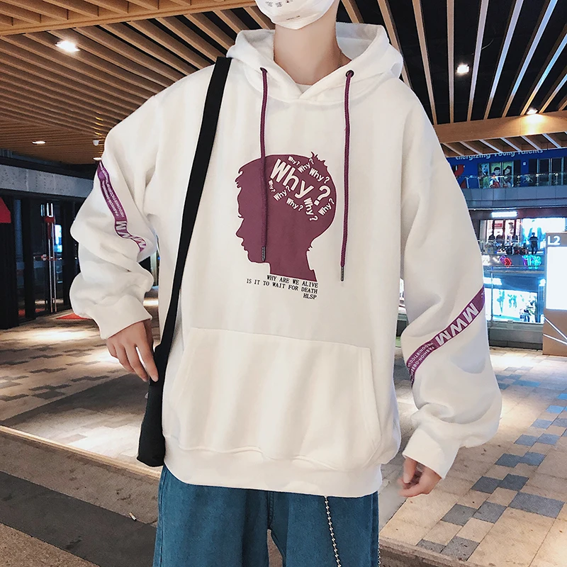 

Fashion Casual Men's Hoodie Spring And Autumn New M-4XL Printing Plus Velvet Loose Pullover White Blue Personality Youth Popular
