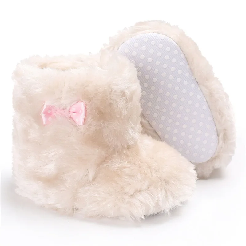 

11-13cm Baby Snow Boots Winter Warm Anti-Slip Soft Bottom Bowknot Fluffy Plush Shoes Booties First Walker Shoes