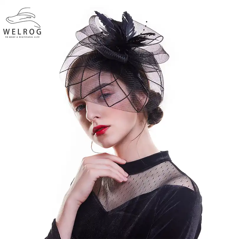 Welrog Women Fancy Feather Fascinator Hats Black Birdcage Veil