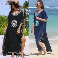 Blesskiss bordado largo playa túnica de playa de mujer vestido Saida de Praia Bikini traje de baño cubierta Pareo de playa(China)