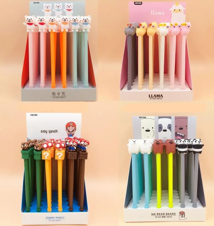 

36pcs/pack Many Designs Cartoon Mario Skull Bare Bears Horse Panda Creative Style Gel Pen Unisex Rollerball Pen Sign Pen