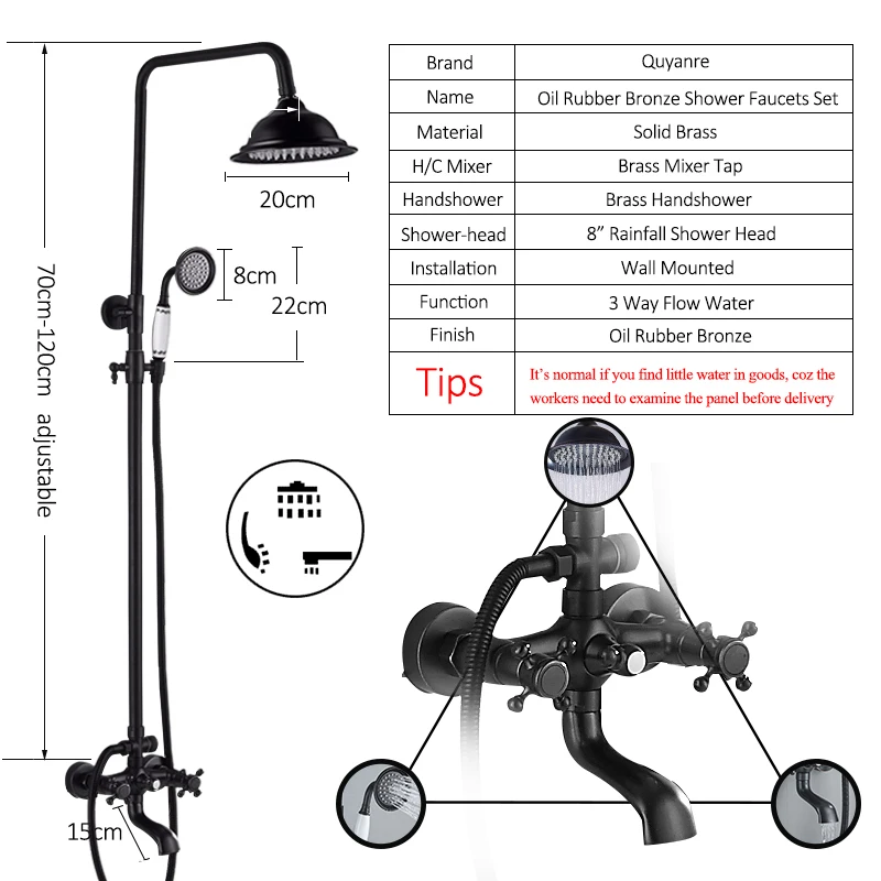 Quyanre Бронзовый черный смеситель для душа набор керамическая Лейка для душа товарная полка двойные ручки смеситель кран поворотный Ванна Носик Ванна Душ