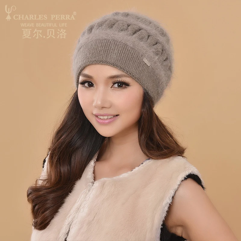 Goedkoop Charles Perra Vrouwen Gebreide Hoeden Winter Thicken Dubbellaags Elegante Casual Wol vrouwen Hoed Warme Vrouwelijke Mutsen CD62