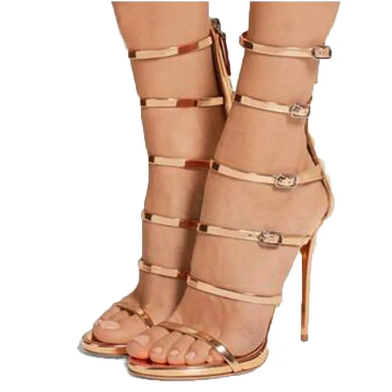 

Sexy Cut-outs Buckle Women Sandals Shoes High Heels Night Club Stiletto Rome Style Gladiator Mujer Champagne Black