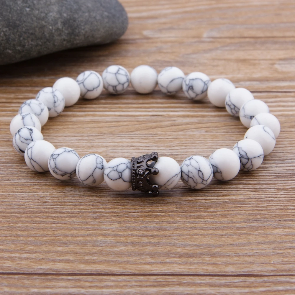 

TYO Handmade Girls Ladies Rhinestone Black Copper Crown Charm Beaded Bracelets with Natural White Stone Party Jewelry Gifts