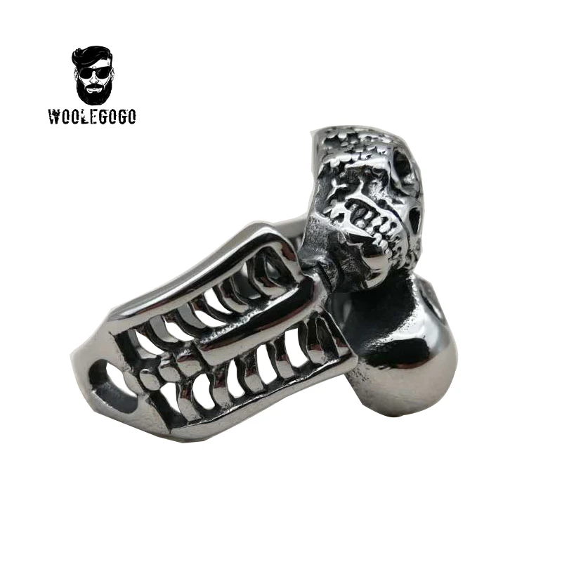 Woolegogo Retro Titanium Steel Cooked Black Polished Skull Ring Punk Personalized Carving Men's Rings Decoration Accessories