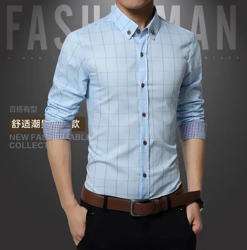 Новая осенняя мужская модная одежда брендовая рубашка с длинными рукавами тонкая мужская клетчатая хлопчатобумажная повседневная мужская рубашка - Цвет: Light blue