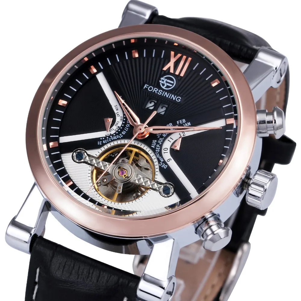 FORSINING Luxury Business Tourbillon font b Mechanical b font Watch Leather Strap Automatic Gold Skeleton Case