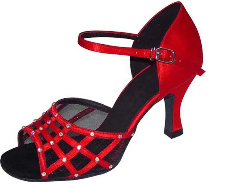 

Red Black Hot Drilling Style 4.5-8.5 cm High Heel With Platform Professional Open Lace Satin Latin Dance Shoes For Women JYG895