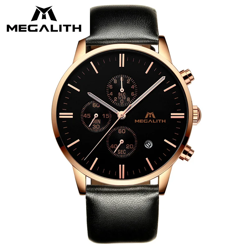 

MEGALITH Gold Case Mens Watches Top Brand Luxury Analogue Quartz Watch Waterproof Date Calendar Leather Business Watch For Men