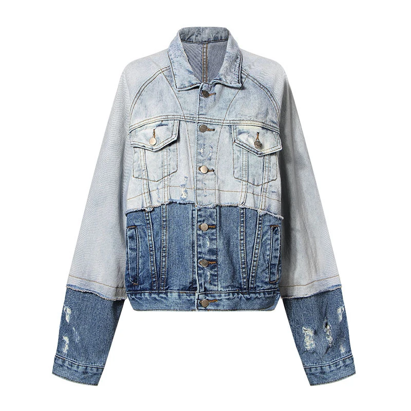 

[EAM] 2019 New Autumn Winter Lapel Long Sleeve Blue Hit Color Denim Split Joint Loose Jacket Women Coat Fashion Tide JW816