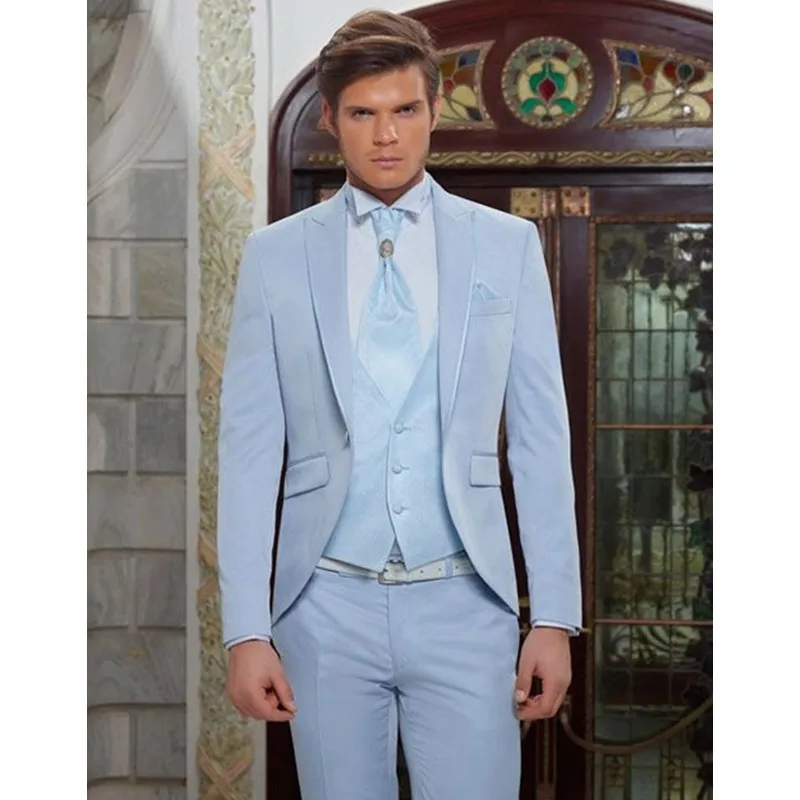 

Custom Light Blue Classic Men Suit For Beach Wedding Party Elegant Tuxedos 3 Piece Terno Masculino (Jacket+Pants+Vest) G502