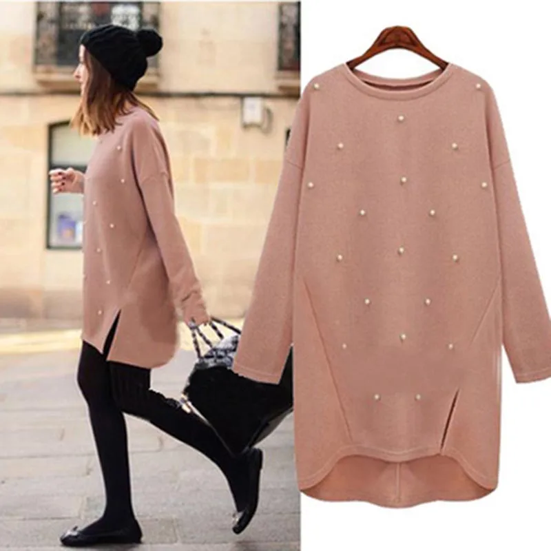 

NiceMix 2016 Casual Knitted Pullover Sweater Women Plus Size Autumn Winter Sweater Knitwear Pearl Patchwork Long Sweaters Femme