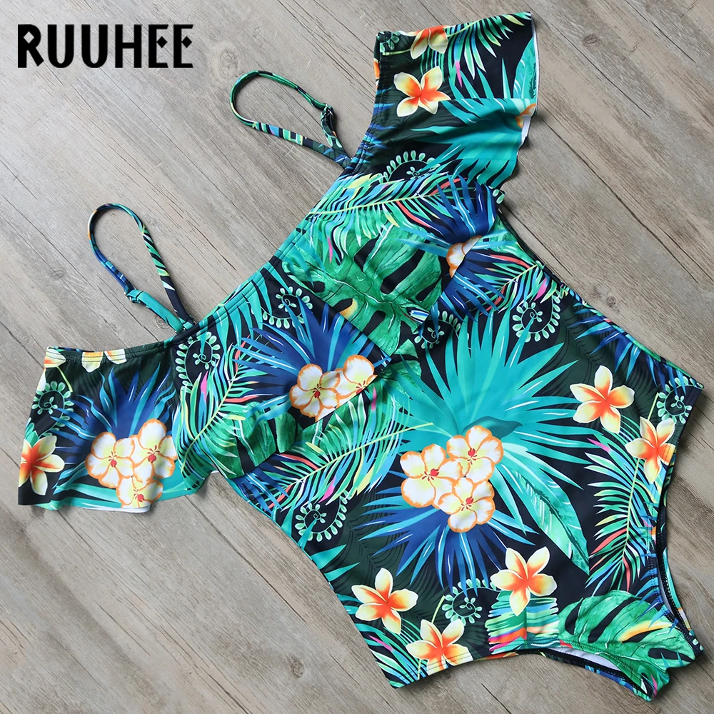 RUUHEE Ruffle One Piece Swimsuit Swimwear Women Bodysuit Sexy Off Shoulder Push Up Bathing Suit Monokini Maillot De Bain Femme ruuhee new swimwear women one piece swimsuit pink bodysuit 2017 bathing suit monokini swimming suit for women maillot de bain
