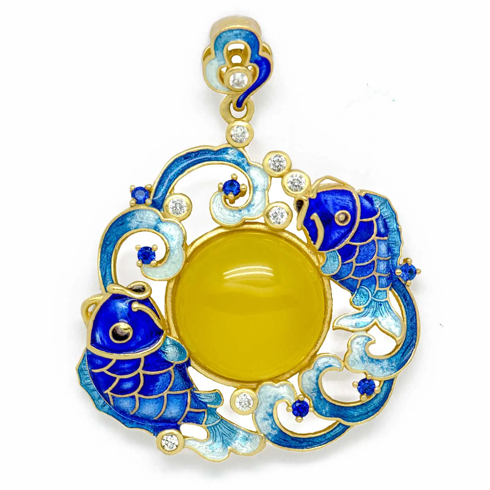 

Blue Enamel Fish 925 Sterling Silver Natural Chalcedony Pendant