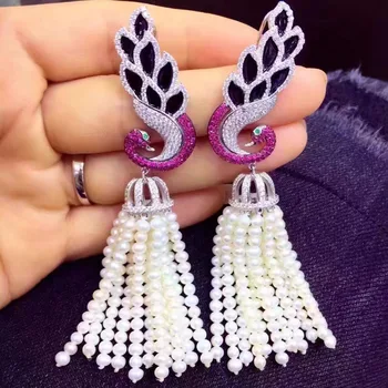 

Qi Xuan_Freshwater Pearl Tassel Earrings S925 Silver Plated White Gold Hand Inlaid Exquisite Atmosphere Ear Studs Promotional