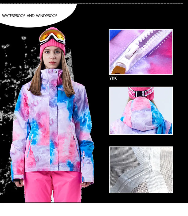 Зимняя новая лыжная куртка женская цветные листья узор Супер теплая сноуборд куртка Женская водонепроницаемая утолщенная уличная спортивная куртка